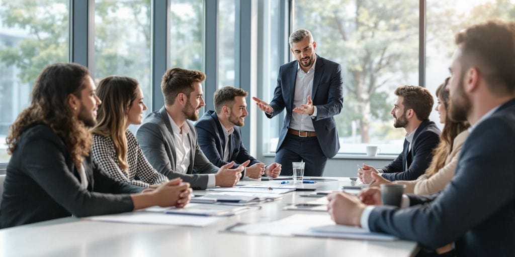 A diverse group of business professionals sits around a conference table in a modern, bright office. One person is standing and speaking, gesturing with their hands. Others are seated, attentively listening and taking notes.