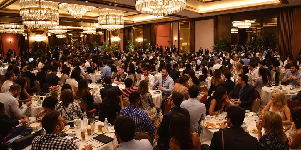 A large banquet hall filled with people seated at round tables, engaged in conversations. The room is elegantly decorated with chandeliers and mirrors, creating a formal and lively atmosphere. Several people appear to be speaking or presenting.