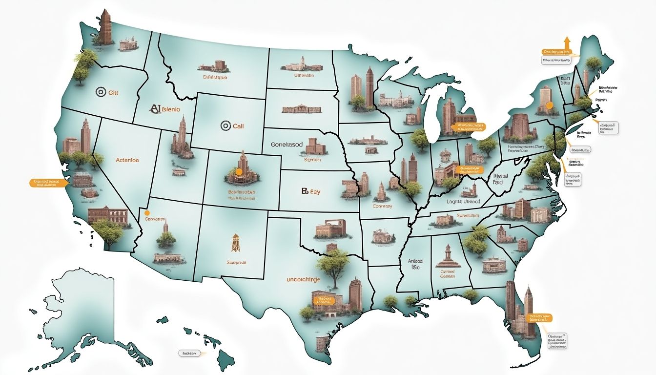A stylized map of the United States shows various architectural landmarks across different states. Each state has a notable building iconized, with some states including names in small text. The surrounding water is shaded light blue.