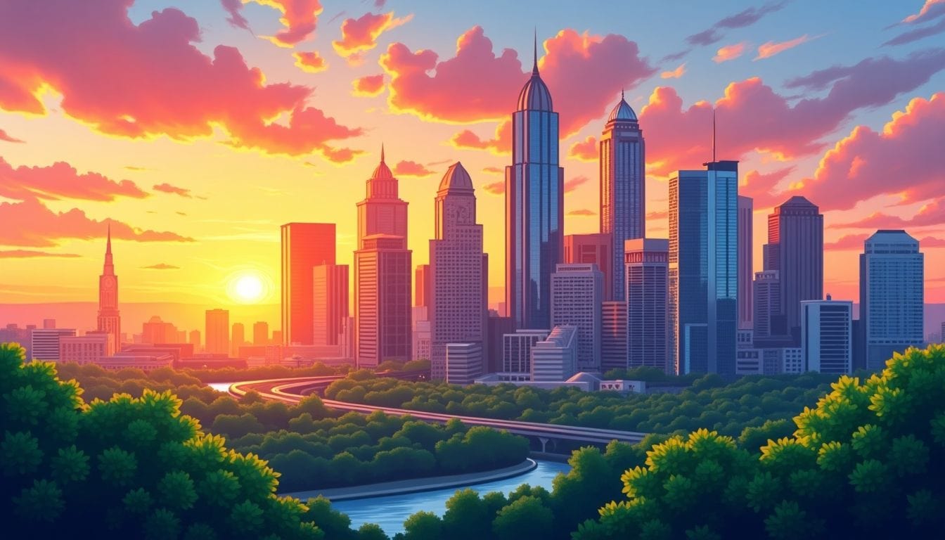 A vibrant city skyline at sunset with tall skyscrapers reflecting orange and pink hues. Lush green trees and a winding river are in the foreground, under a sky with colorful clouds and a setting sun.