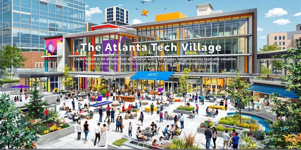 A vibrant, colorful illustration of a tech community hub with people gathered outside. Modern architecture features glass buildings, gardens, and seating areas. The text reads "The Atlanta Tech Village" with lorem ipsum placeholder beneath.