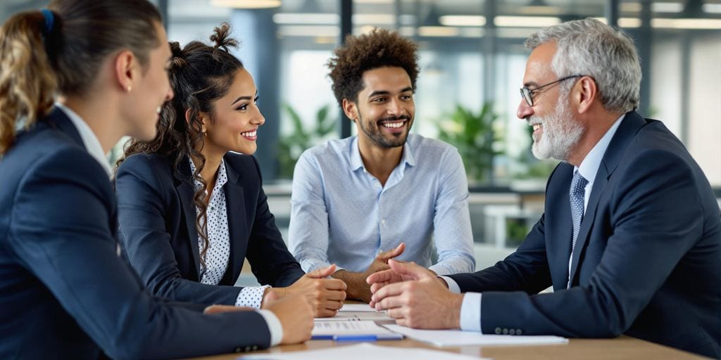 Four people sit around a table in a modern office. They are engaged in a positive conversation, with papers and pens on the table. Everyone is dressed in business attire, and they appear to be in a meeting or discussion.