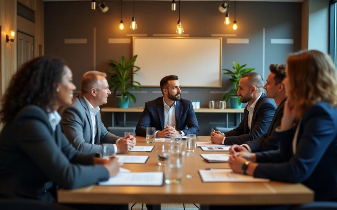 A diverse group of six professionals in a modern conference room, engaged in a meeting. They are sitting around a wooden table with documents and glasses of water. The room is well-lit with pendant lights and has potted plants in the background.