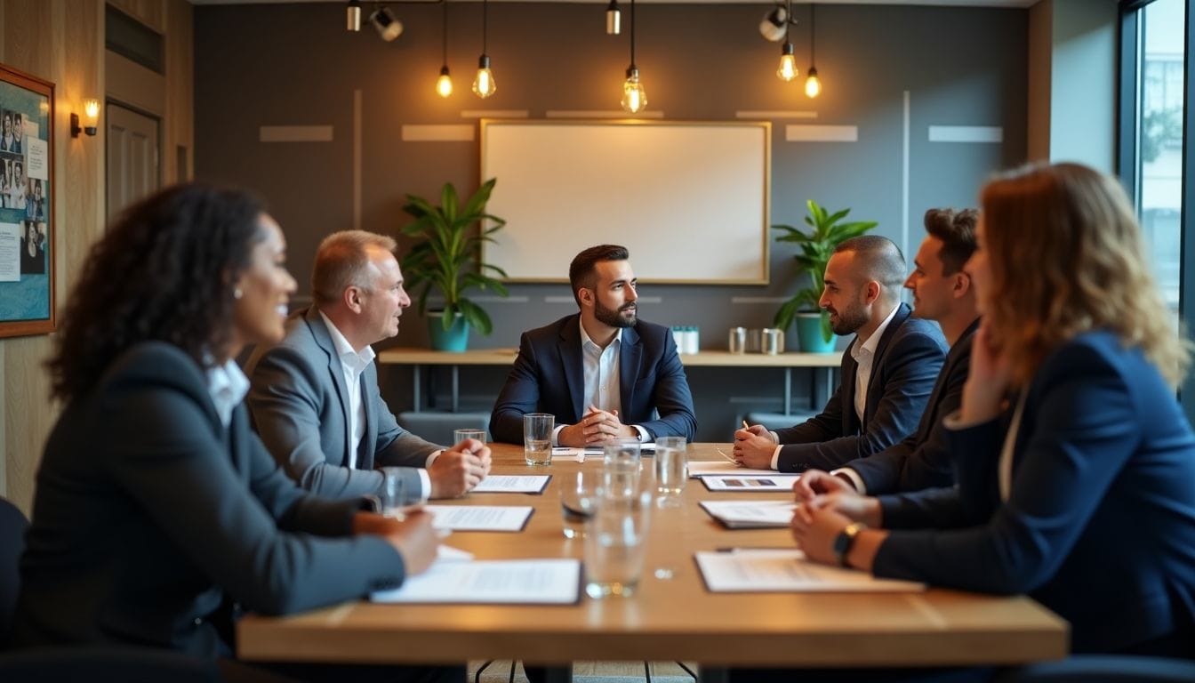 A diverse group of six professionals in a modern conference room, engaged in a meeting. They are sitting around a wooden table with documents and glasses of water. The room is well-lit with pendant lights and has potted plants in the background.