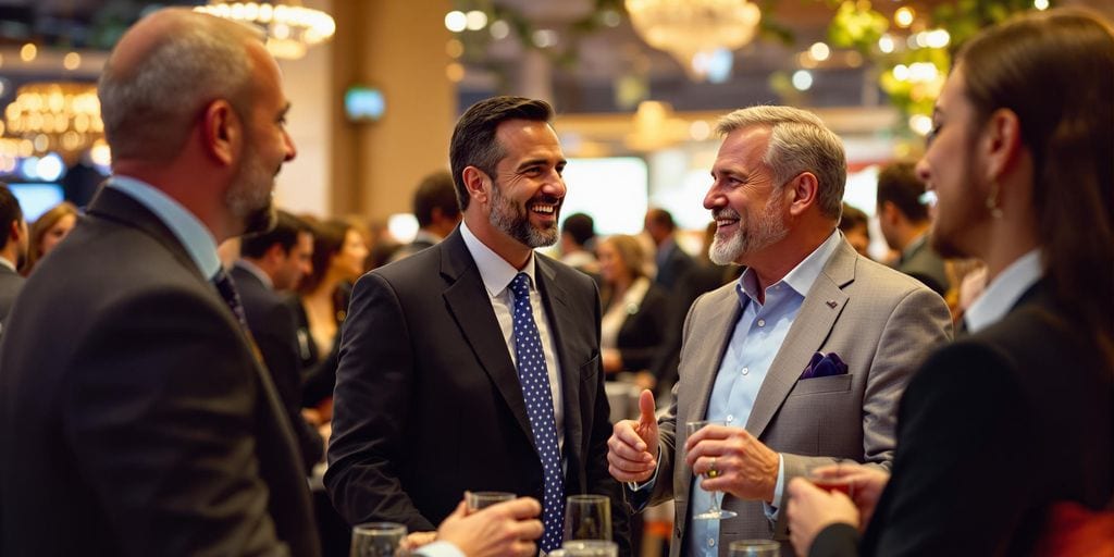 A group of well-dressed people are engaged in conversation at a formal event. Two men in suits are smiling, holding drinks, and appear to be in discussion. The background shows a softly lit, elegant venue with chandeliers.