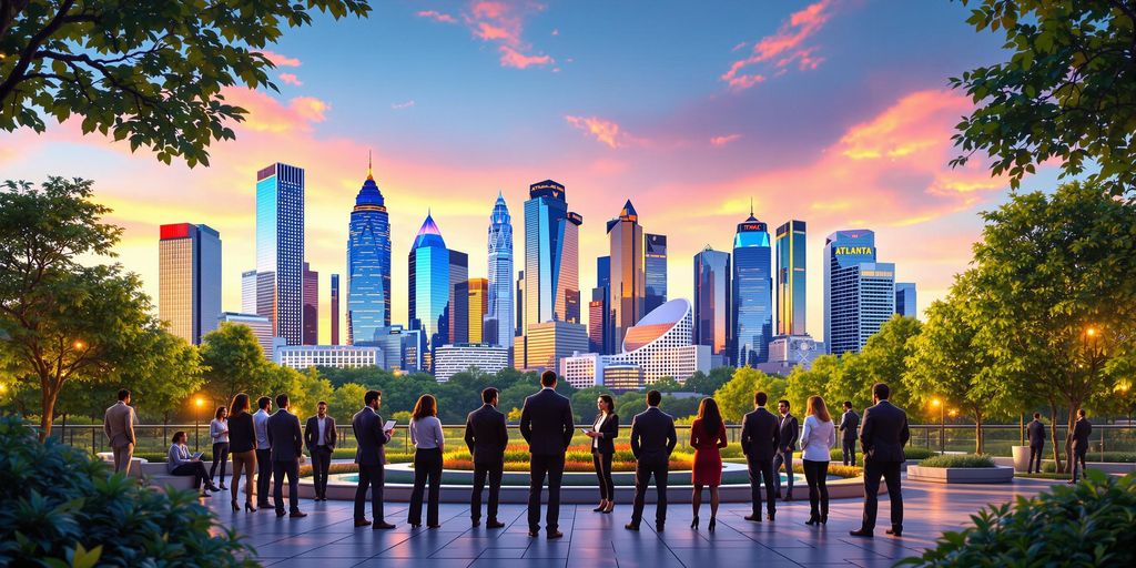 A diverse group of people stands on a terrace overlooking a modern city skyline at sunset. The scene is framed by trees and includes a vibrant sky with colorful clouds. Some individuals are interacting, while others admire the view.