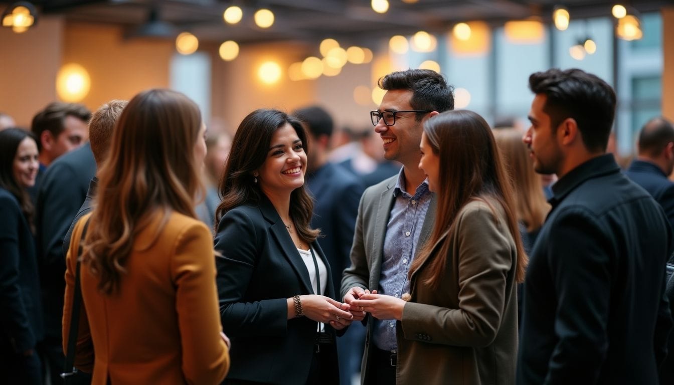 A group of professionally dressed people are engaged in lively conversation in a well-lit indoor setting, with warm ambient lighting and blurred figures in the background suggesting a social or networking event.