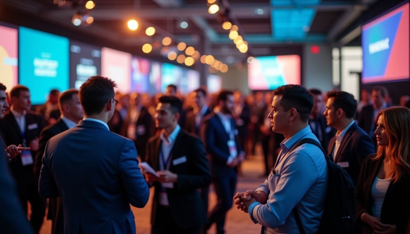A busy conference setting with people in business attire networking. The room is lit with colorful screens displaying abstract graphics. Attendees are engaged in conversations, creating a dynamic and professional atmosphere.
