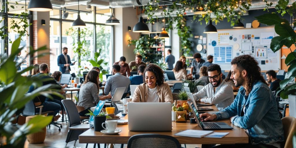 A lively modern office with diverse people working on laptops at communal tables. The space is filled with natural light, plants, and large windows. A presentation is being given in the background. There are colorful charts on the wall.