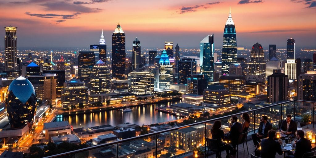 A vibrant city skyline at sunset with illuminated skyscrapers and a river reflecting the lights. In the foreground, people dine at a rooftop restaurant, enjoying the view. The sky is painted with shades of orange and blue.