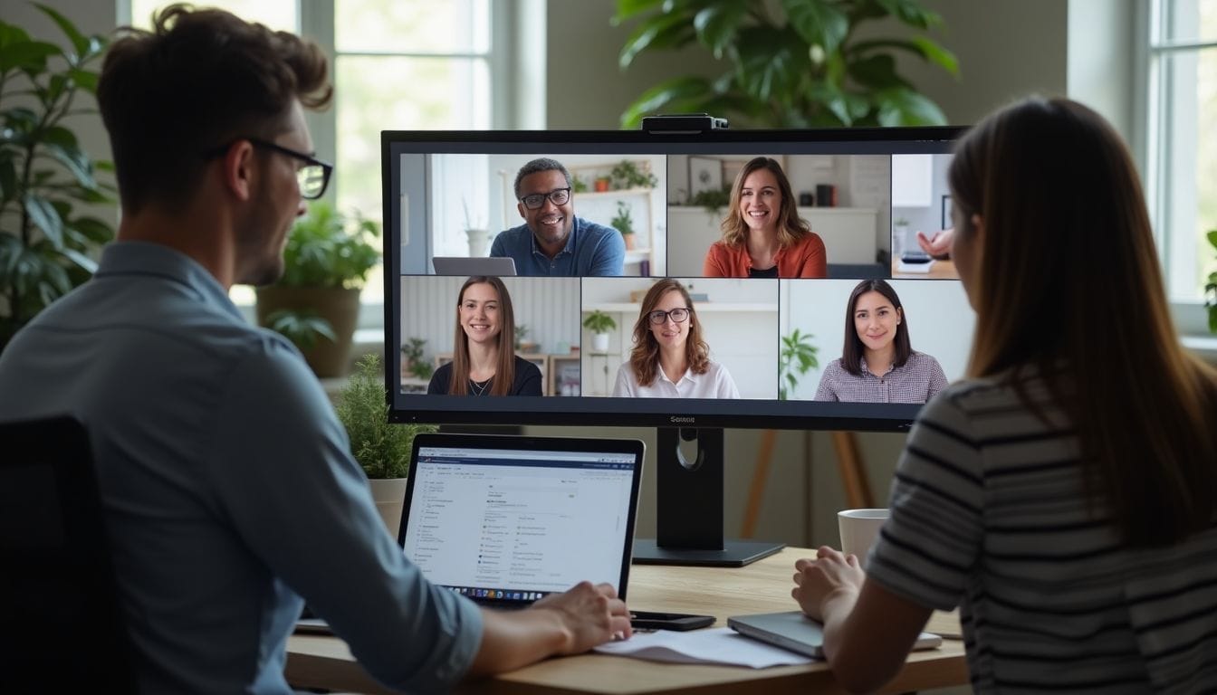 Two people sit at a desk engaged in a video conference on a large monitor, showing five participants smiling. A laptop is open on the table. The room is well-lit with plants around, creating a comfortable workspace.
