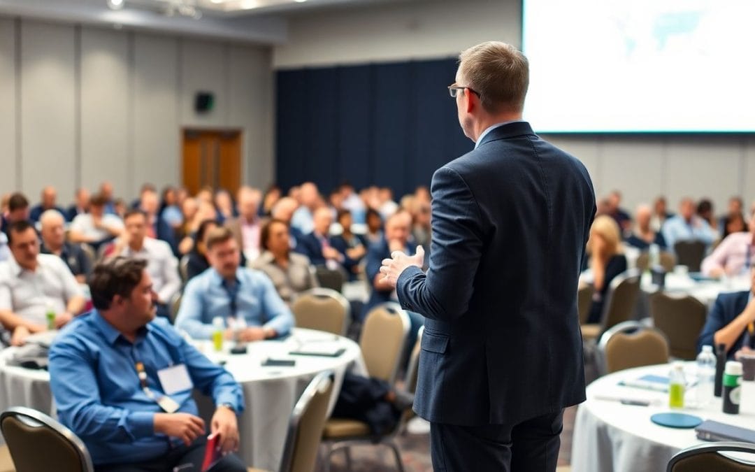 Public speaker engaging an audience at a conference.