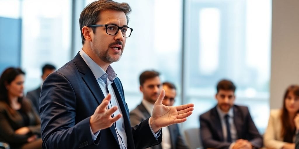 Professional speaking confidently in a modern conference room.