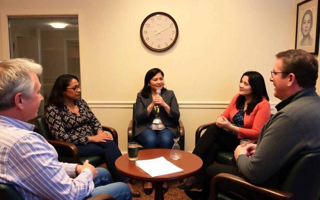 Group of five at a Toastmasters meeting practicing public speaking.