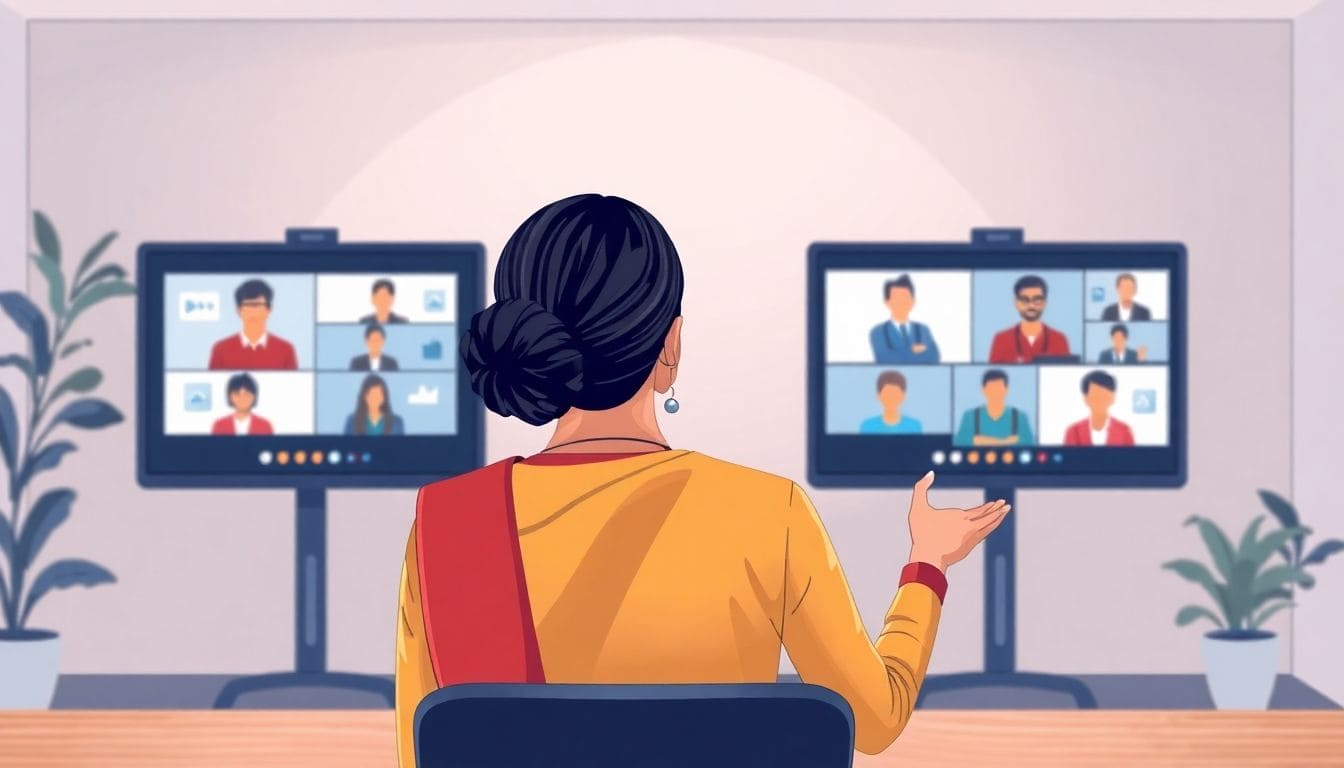 Female speaker engaging co-workers in a virtual meeting.