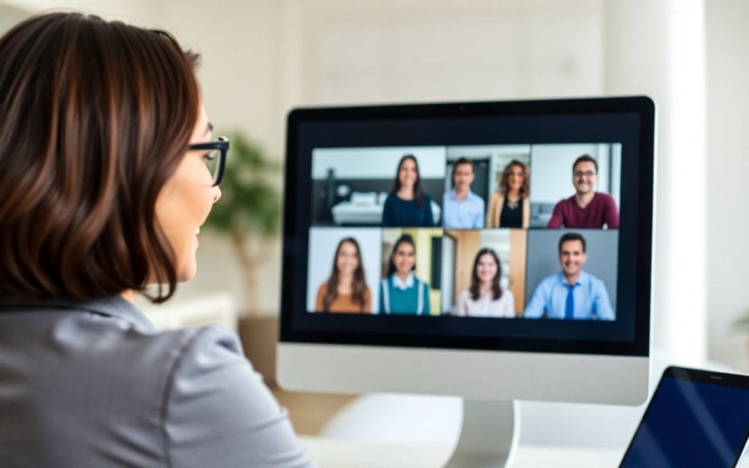 Woman speaking on Zoom call with engaged coworkers.