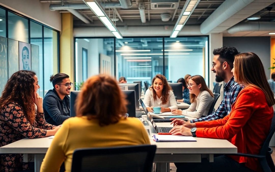 Colleagues communicating in a modern tech office setting.