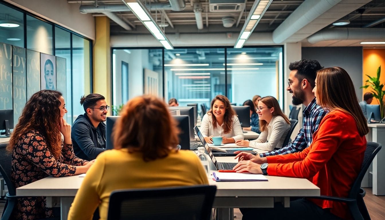 Colleagues communicating in a modern tech office setting.