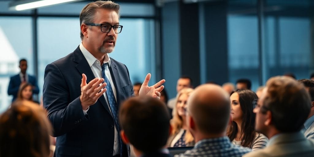 Executive speaking confidently to an engaged audience.