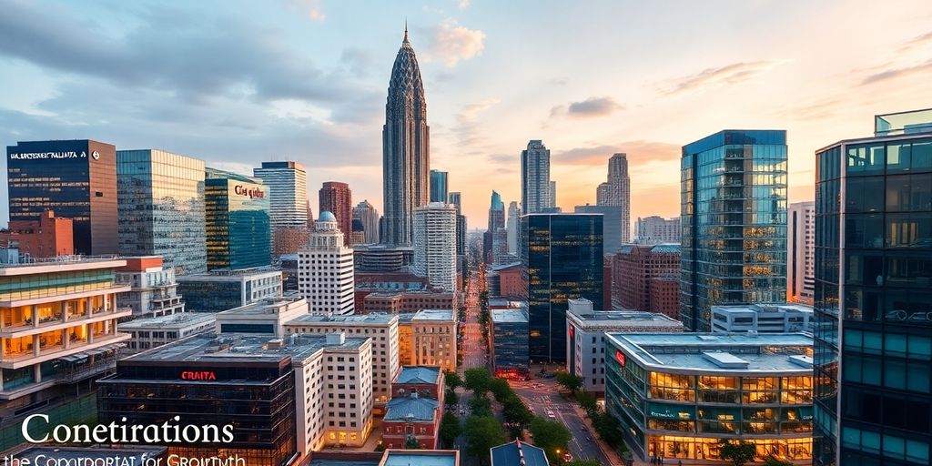 Atlanta cityscape with modern buildings and business atmosphere.