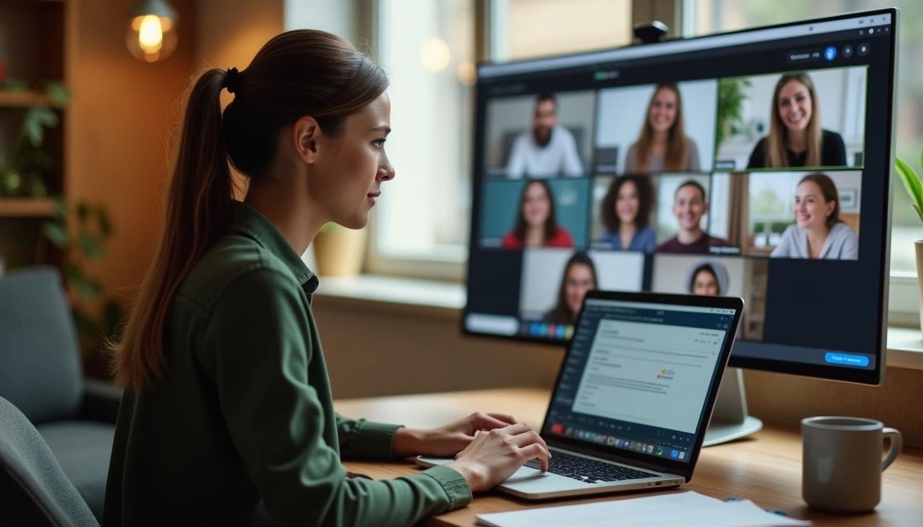 Caucasian woman in a Zoom meeting for remote learning.