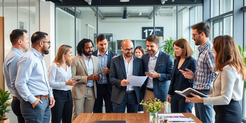Executives collaborating in a modern office setting.