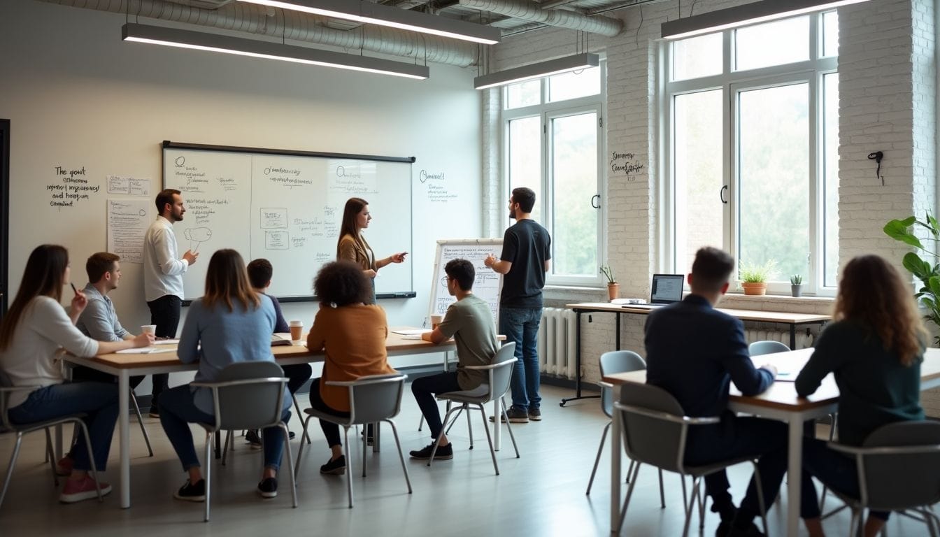 Modern office with collaboration spaces and engaged teams.