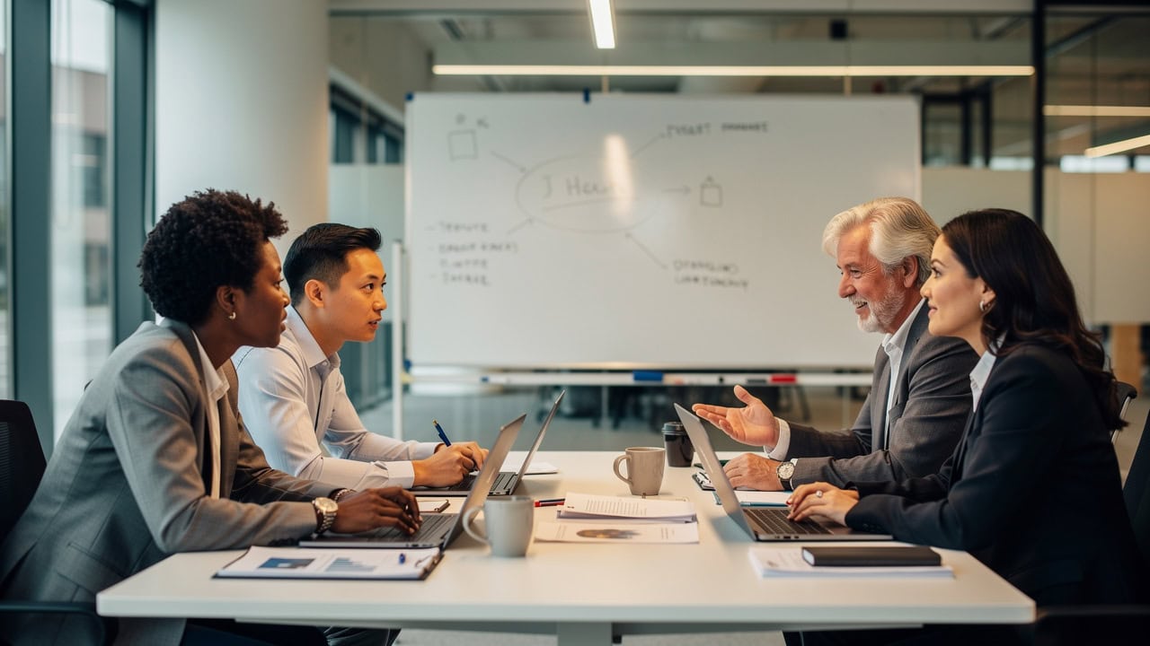 Executives working together solving business challenges collaboratively