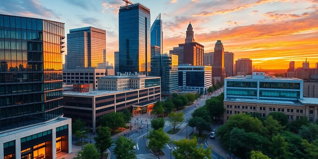Atlanta skyline with modern tech buildings and green spaces.