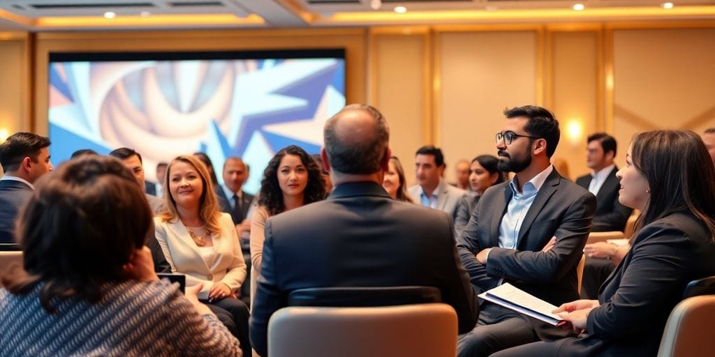 Executives networking at a leadership summit conference.