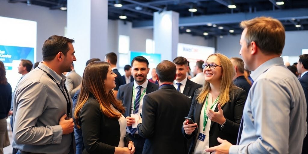 Business leaders networking at a conference on leadership.