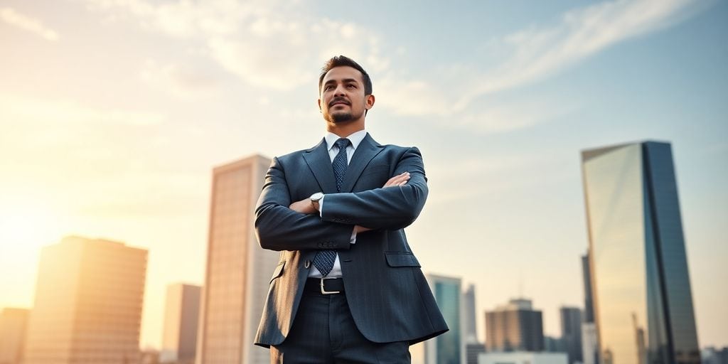 Leader in business suit with city skyline background.