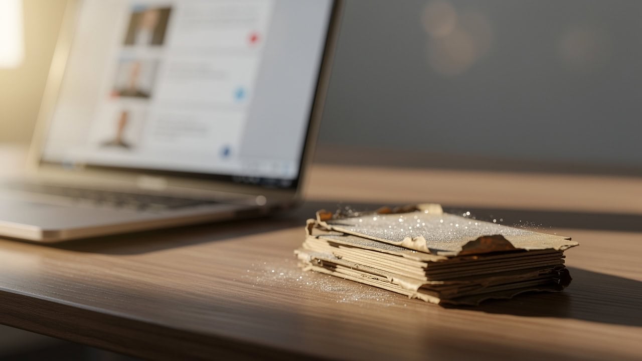 Stack of forgotten business cards on desk