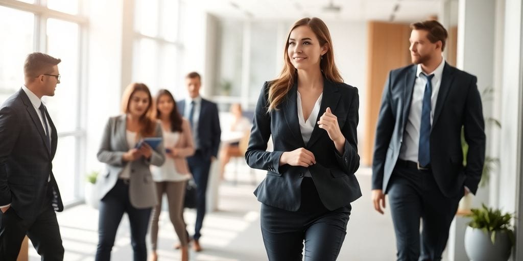 Professional woman walking in a modern office environment.