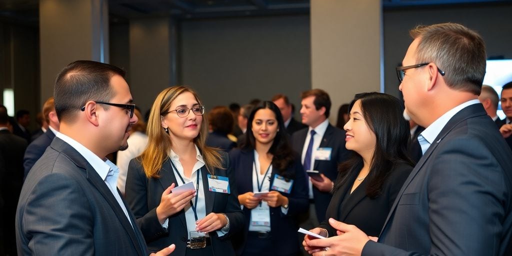 Executives networking at a professional event.