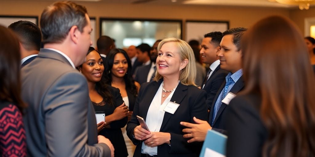 Diverse executives networking at a professional event.