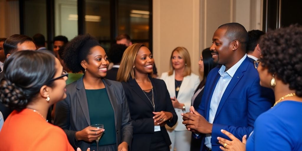 Group of executives networking at a professional event.