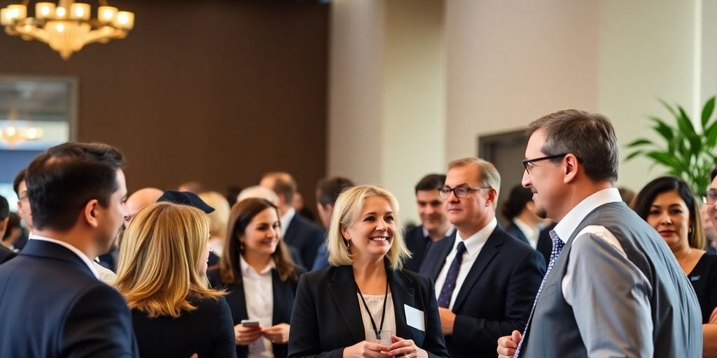 CEOs networking at a professional event in a bright setting.