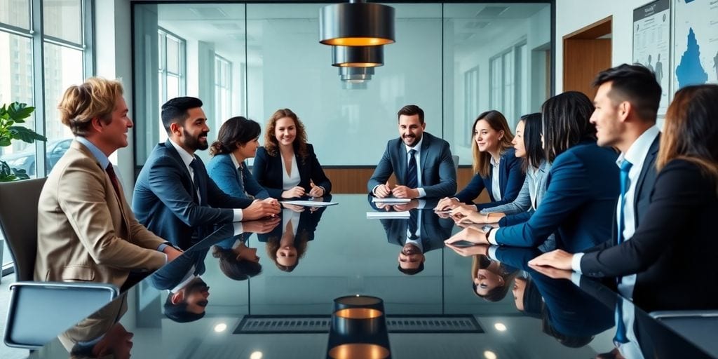 Diverse executives networking in a modern office setting.