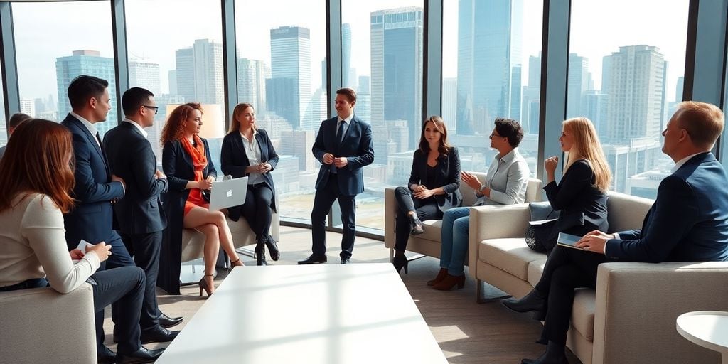 Professionals collaborating in a modern office with skyline view.