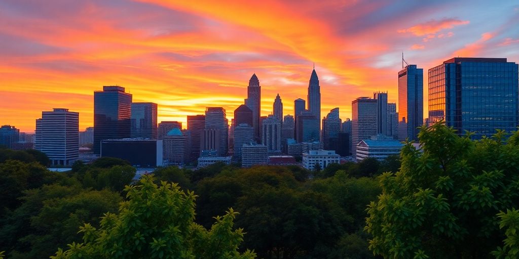 Atlanta skyline with modern buildings and greenery at sunset.