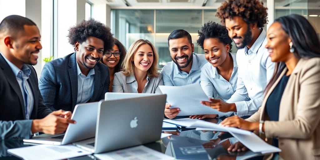 Diverse business professionals collaborating in a modern office.