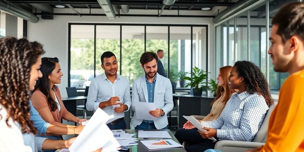 Diverse entrepreneurs collaborating in a modern office setting.