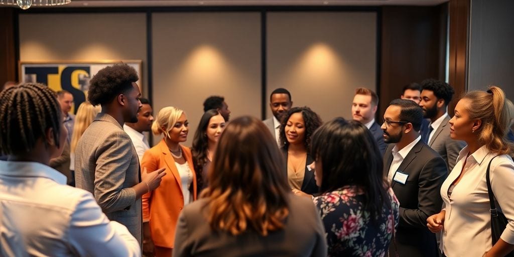 Diverse leaders collaborating in a modern meeting space.