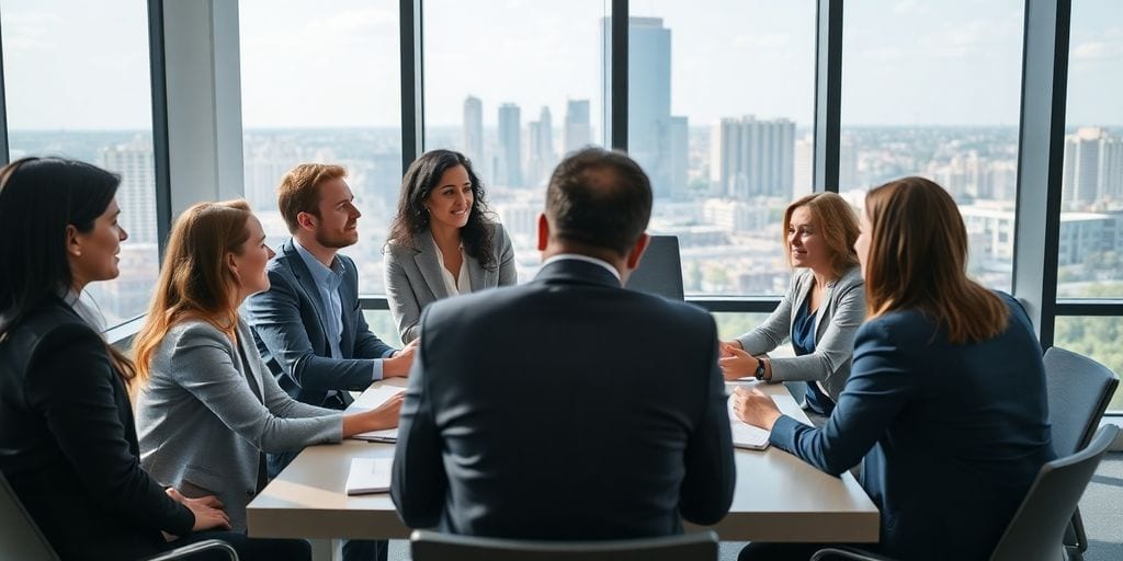 Diverse leaders networking in a modern office setting.