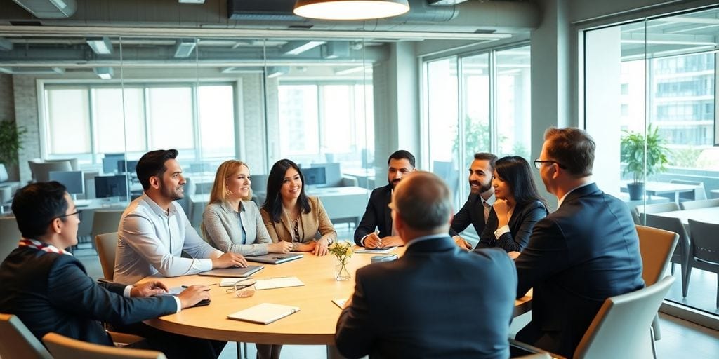 Business leaders networking in a modern office setting.