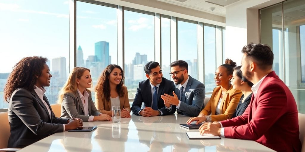 Business leaders collaborating in a bright conference room.