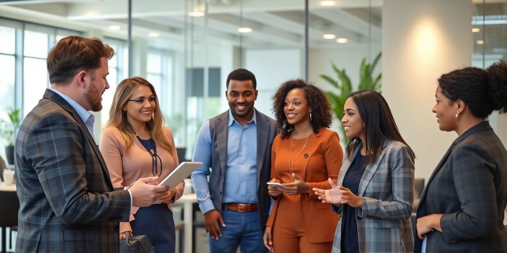 Diverse business leaders in a modern meeting space.