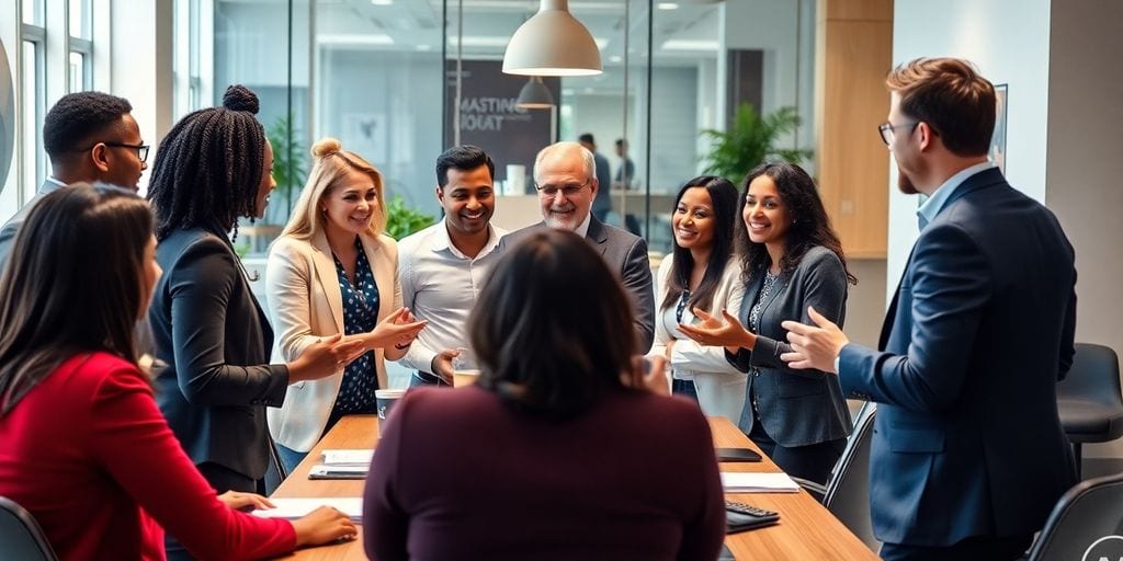 Diverse professionals collaborating in a modern office setting.