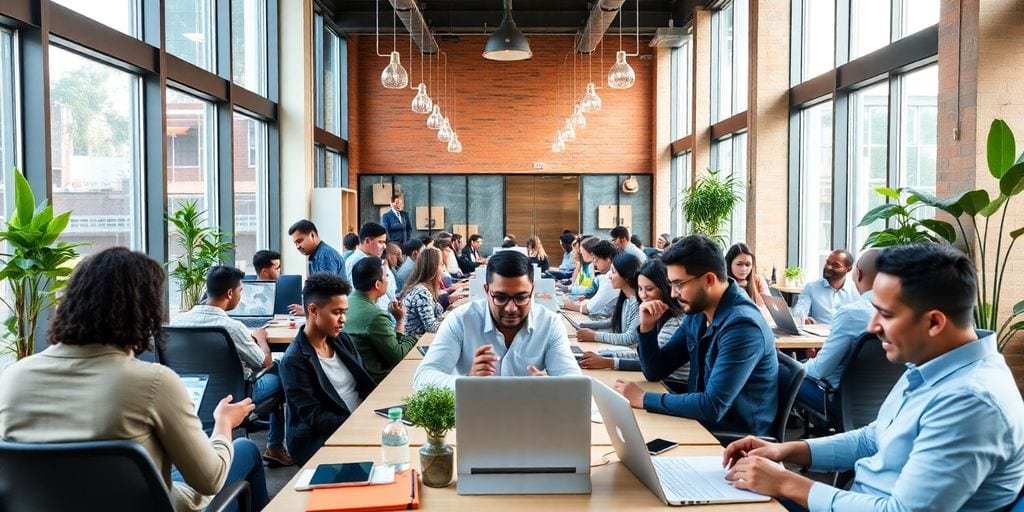 Entrepreneurs collaborating in a modern co-working space.